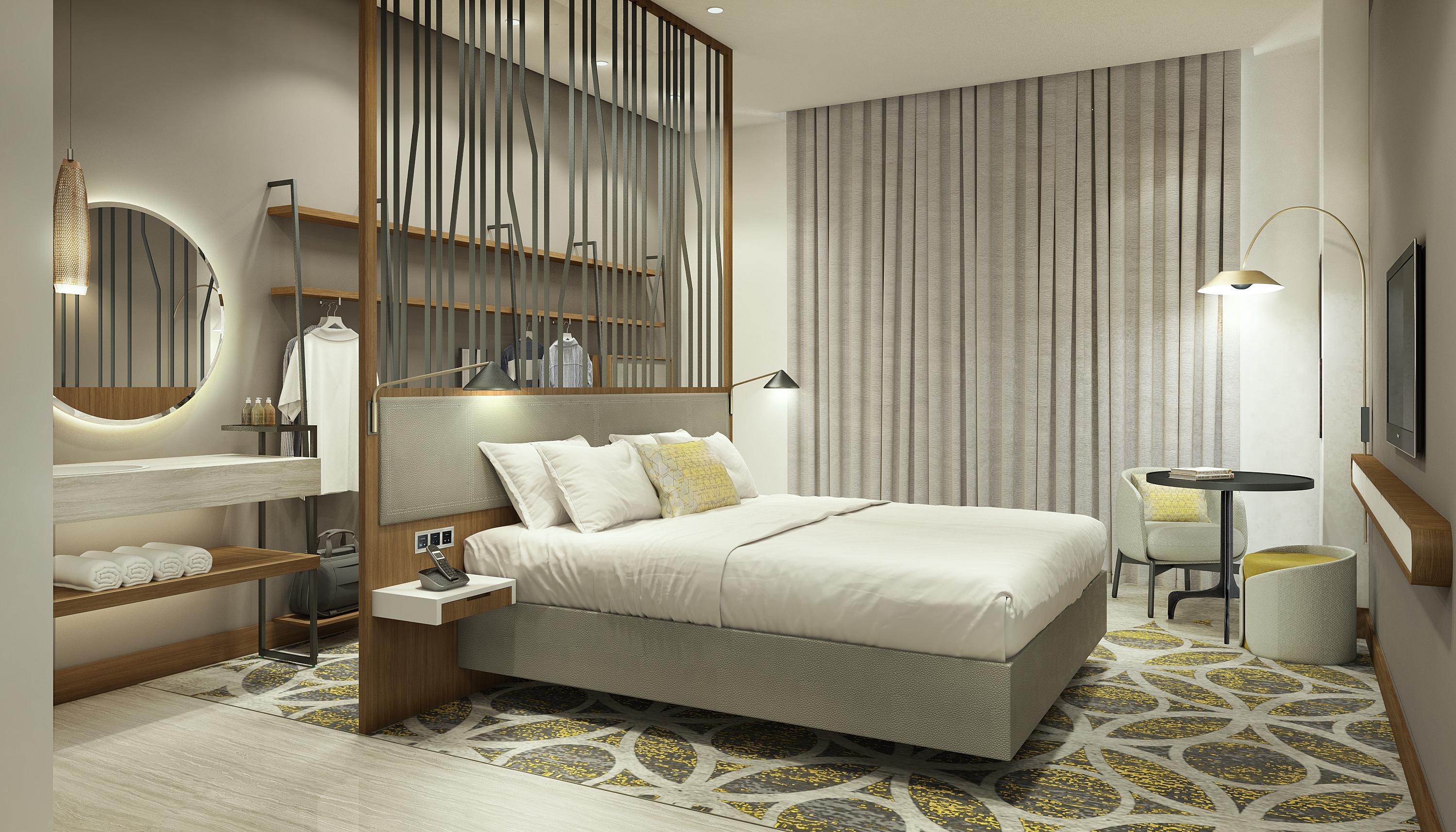 Grand Mercure Dubai City Exterior foto The photo shows a modern hotel bedroom. It features a large bed with white linens and decorative pillows. Behind the bed is a stylish wooden headboard with vertical slats. On either side of the bed, there are bedside tables with lamps. There is a sma